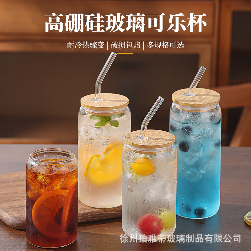亚马逊批发高硼硅玻璃杯透明吸管杯ins风竹盖可乐杯果汁杯耐高温