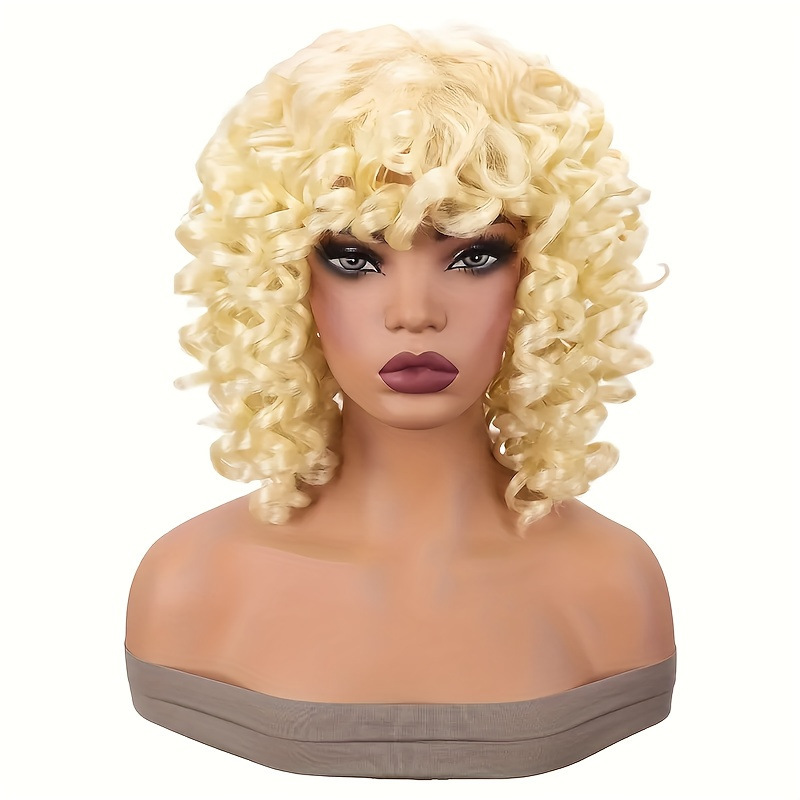 Women's 14inch Fluffy Afro Curl Wig with Bangs - Shoulder Length, Curly Wavy Style