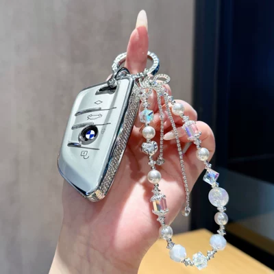 X4, X5, blade-style women's key case — Car key bag - bmw-a-series-silver-side-studded-silver-butterfly-crystal-chain