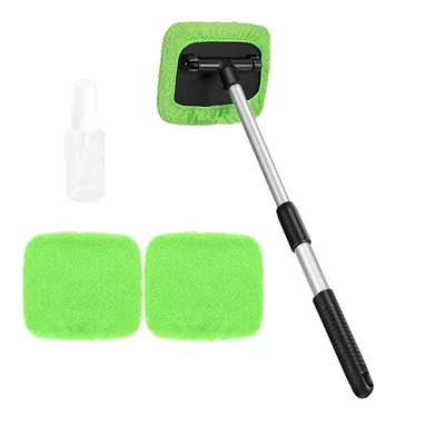 Car cleaning tools — Brush Defogging Window Brush Microfiber - 1-square-plate-telescopic-pole-3-green-cloth-covers-1-50ml-spray-bottle