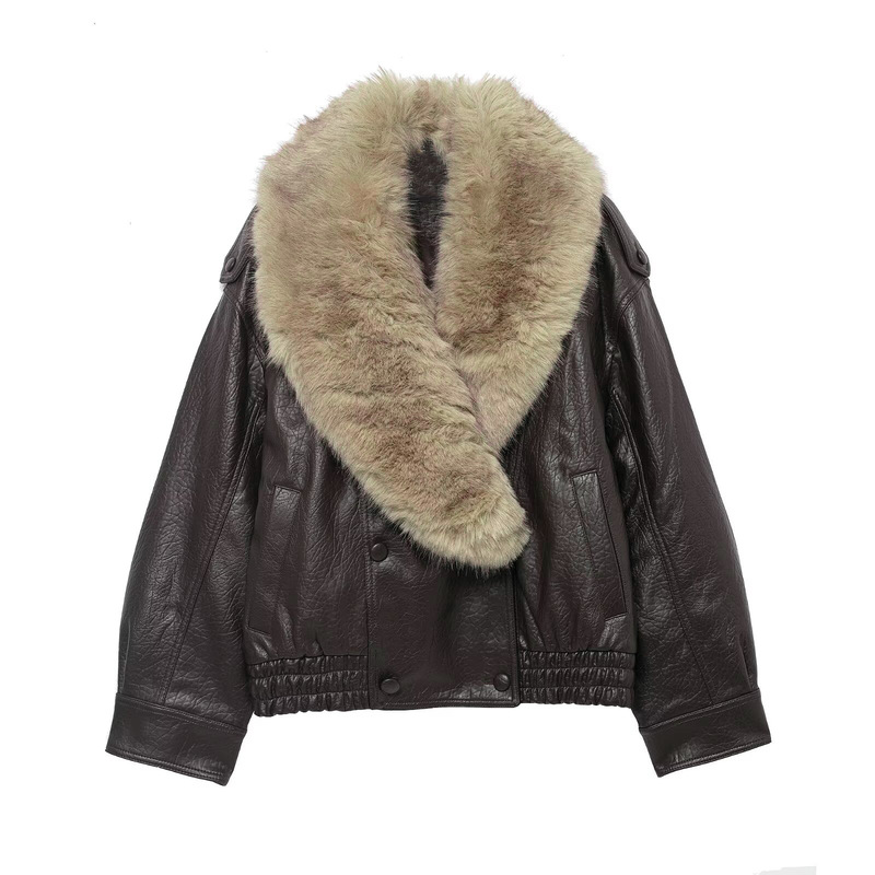 Original European and American Clothing Wholesale Faux Fur Collar Dark Brown Loose Faux Leather Jacket Pu Leather Jacket 4341/853