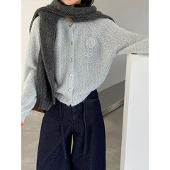 江左 韩系小众设计感刺绣针织开衫女新款宽松显瘦百搭毛衣 U1277