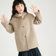 手工双面羊绒大衣女童毛呢外套2024秋冬宝宝羊毛连帽呢子大衣男童