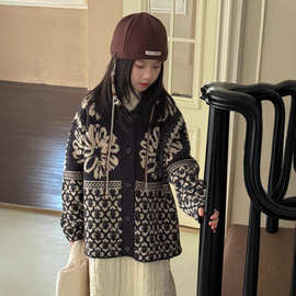 童毛衣2025秋冬韩版女宝复古针织开衫儿童百搭圆领开口毛衣可外穿