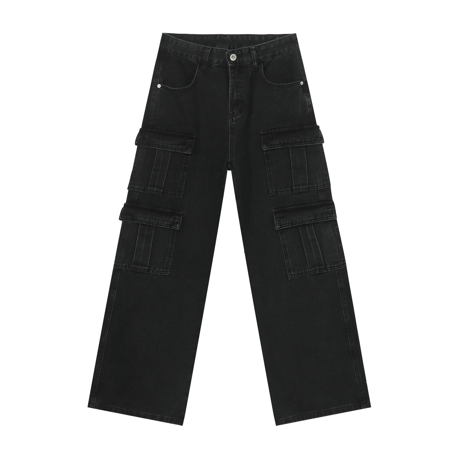 Vintage Washed Denim Cargo Pants - Relaxed Fit Multi-Pocket Workwear Jeans For Men_mkmklike.com