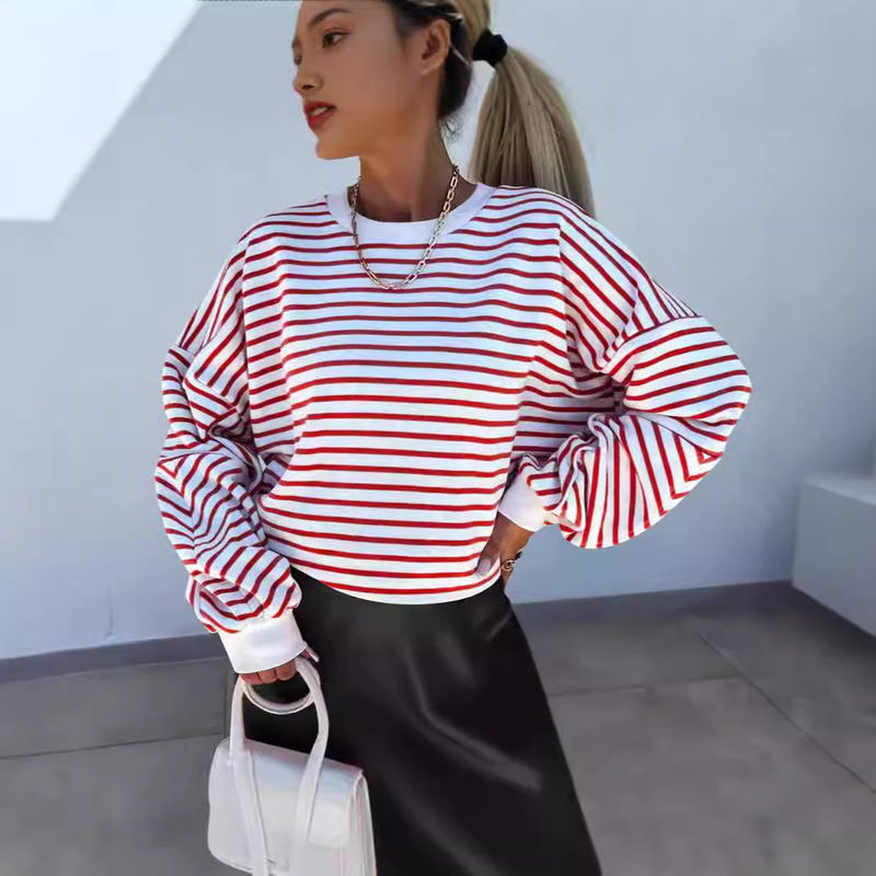 Autumn and Winter New Fashion Striped Crew Neck Sweatshirt for Women 2025 European and American Casual Versatile Warm Pullover Long-Sleeve Top