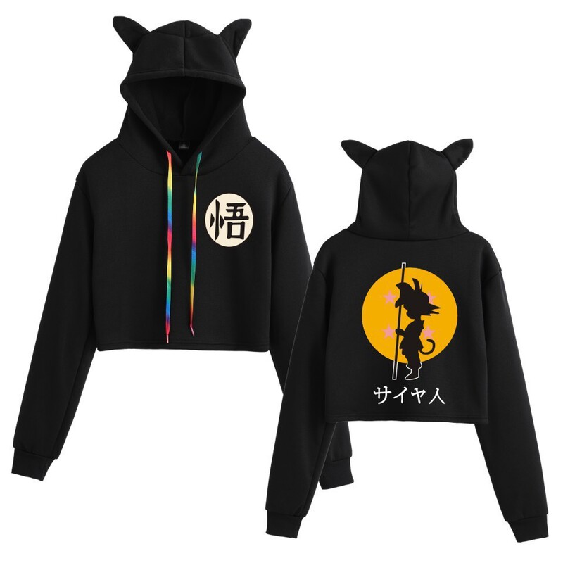 Cross-border Japanese fashion brand cartoon Dragon Ball turtle fairy cat ears navel-exposed long sleeve hooded sweater for girls