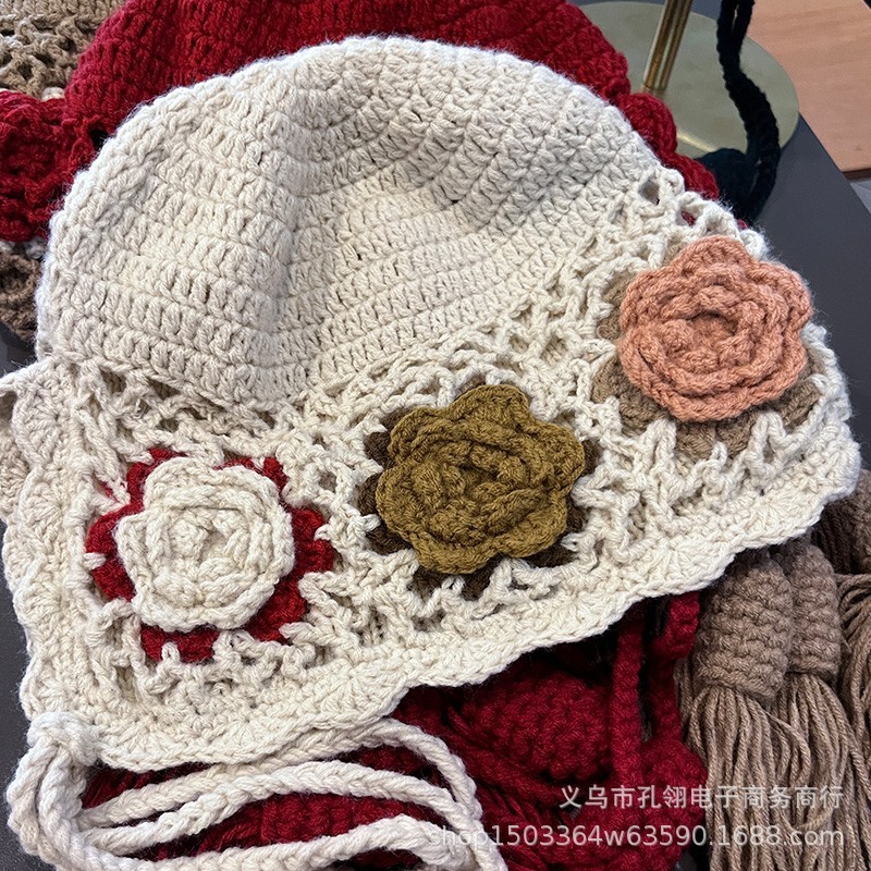 日系复古花朵针织帽子女款2025新款秋季文艺气质百搭显脸小护耳帽|undefined