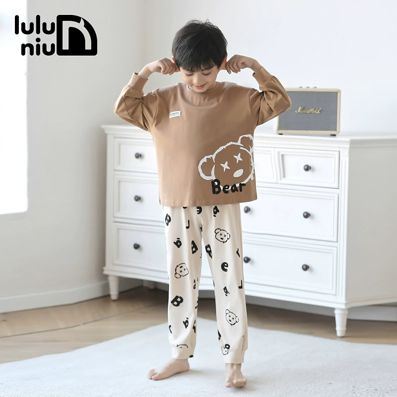 噜噜牛 Spring children's demi-season pijama for boys, cotton long-sleeve with a round collar, 2024 years, for teenagers