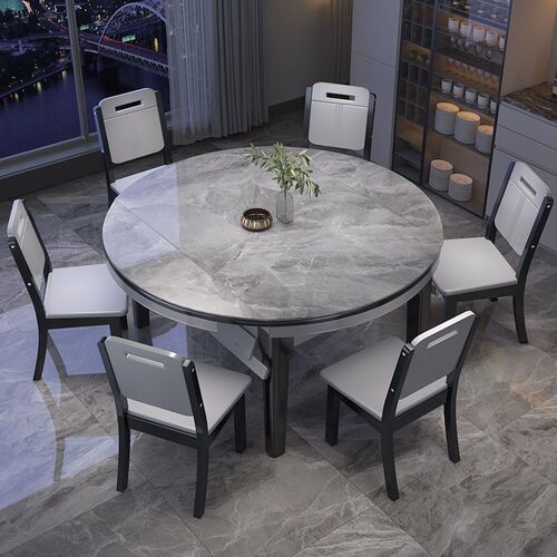 Solid wood slate dining table and chairs folding dining table combination for home modern living room multifunctional rectangular variable round table