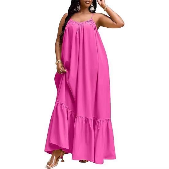 2026 Summer New Cross-Border Loose-Fitting Slimming Plus-Size Vacation Long Sexy Strap Flowy Dress for Women