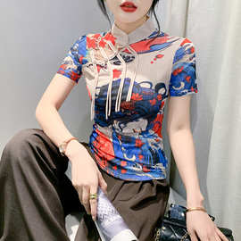 夏季时尚显瘦修身印花网纱短袖T恤女新中式国风盘扣立领上衣