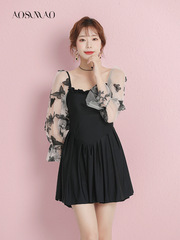 One-piece swimsuit for women, summer, conservative, belly-covering, slimming 2023 new sleeves, hot spring long-sleeved, flesh-covering, small breasts, push-up skirt swimsuit