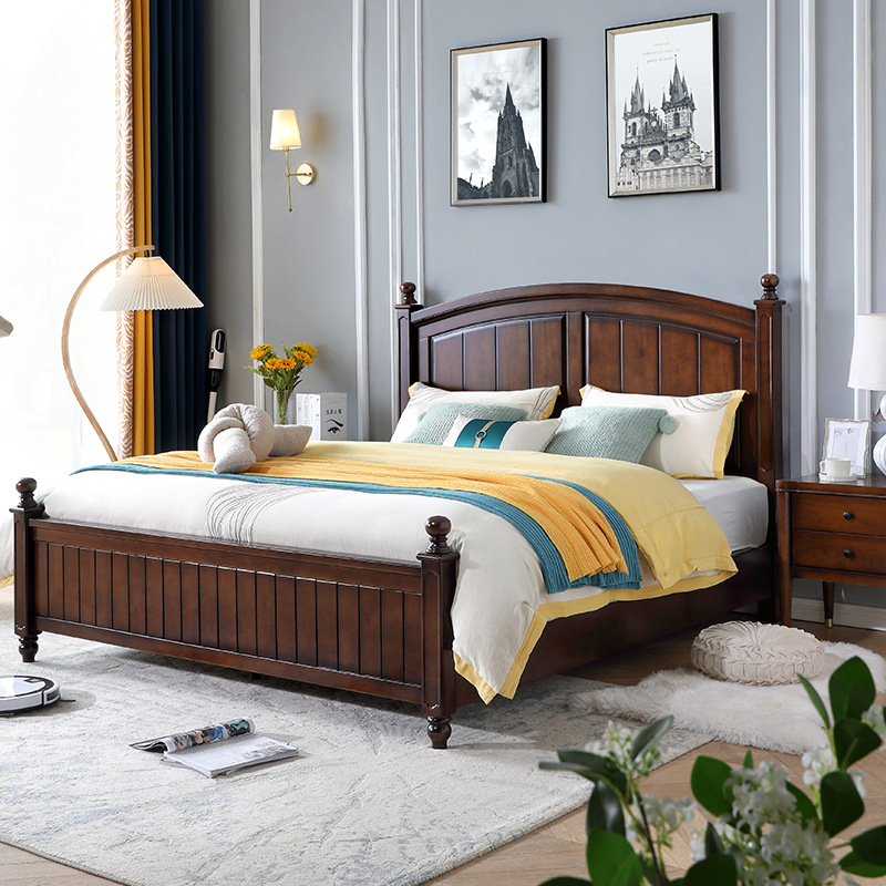美式乡村实木床欧式双人床1.8米主卧轻奢婚床橡胶木高箱床储物床