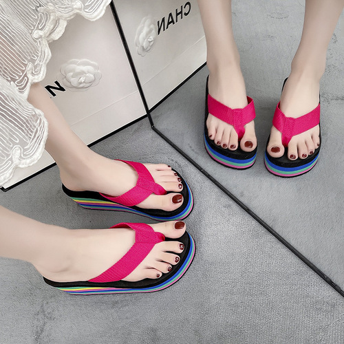 Fashion Rainbow Human Hair Flip-Flops for Women - Summer Thick Heel High-Low Cover Casual Beach Sandals Trend