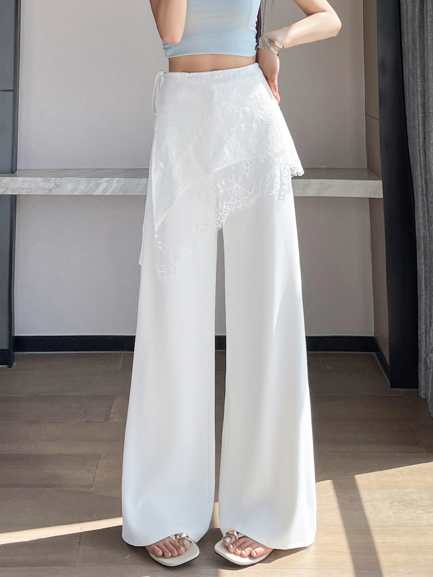 Quần culottes nữ ống rộng cạp cao ren eo phong cách Hàn Quốc — màu đen