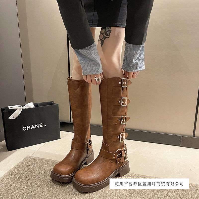Xinjiang Original Travel Wear High Boots Autumn Women's Boots Brown American Wasteland Style Western Cowboy Boots