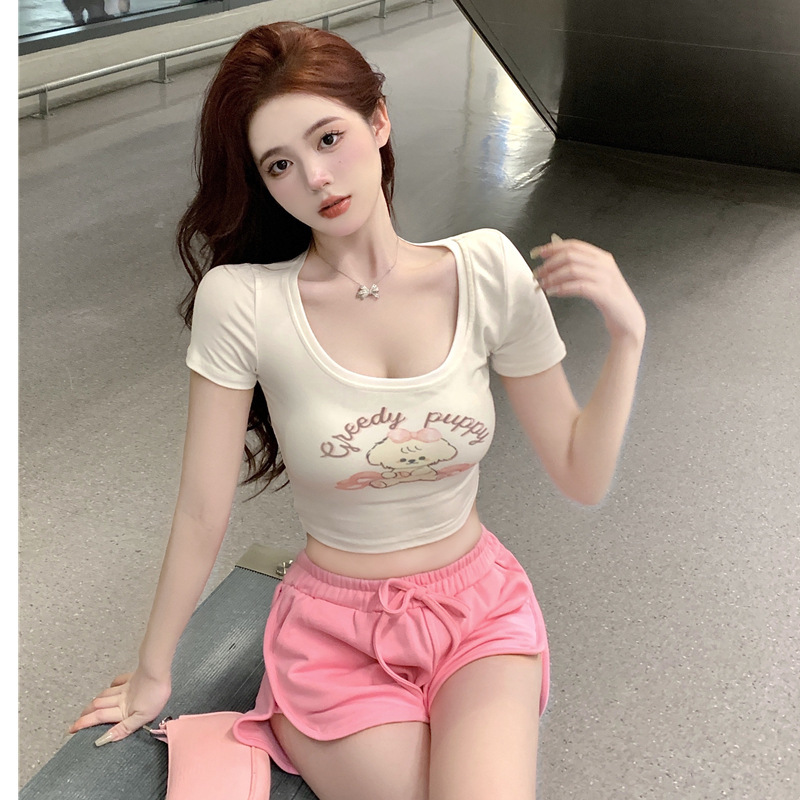 [In stock] pure desire style short-sleeved T-shirt women's design sense niche white hot girl low collar tight sexy bottoming shirt