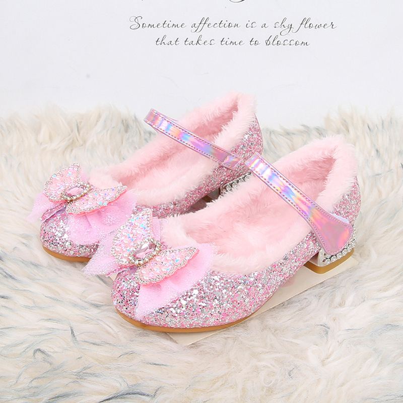 Children's High Heels Fleece-lined Elsa Princess Shoes Winter New Girls' Cotton Shoes Baby's Fluffy Shoes Little Girl's Leather Shoes