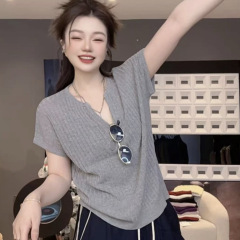 新しいファッショナブルな夏のトップ薄いニットウェア女性の半袖 V ネック小さなフライングスリーブ