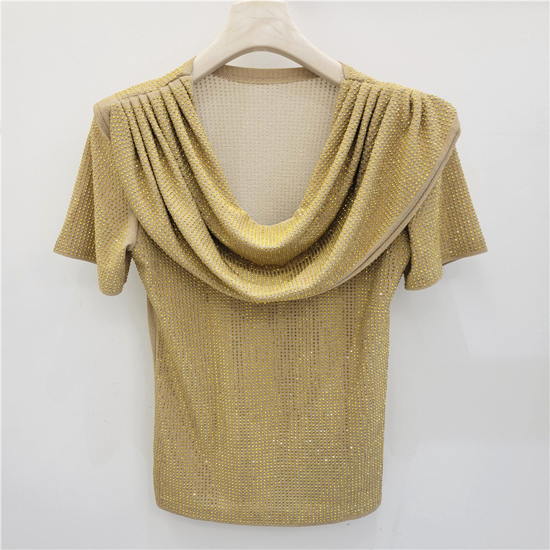 Ingeniería pesada caliente taladro camiseta de mangas cortas mujeres 2026 primavera y verano nuevo diseño un cuello plegado camiseta corta image 6