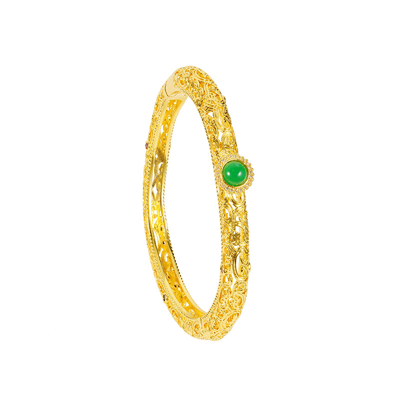 Brazalete de estilo nacional de oro de arena hueco de medula de jade estilo de moda lujoso temperamento ligero palacio flor de escultura Yiwu bronce joyas chapadas en oro al por mayor