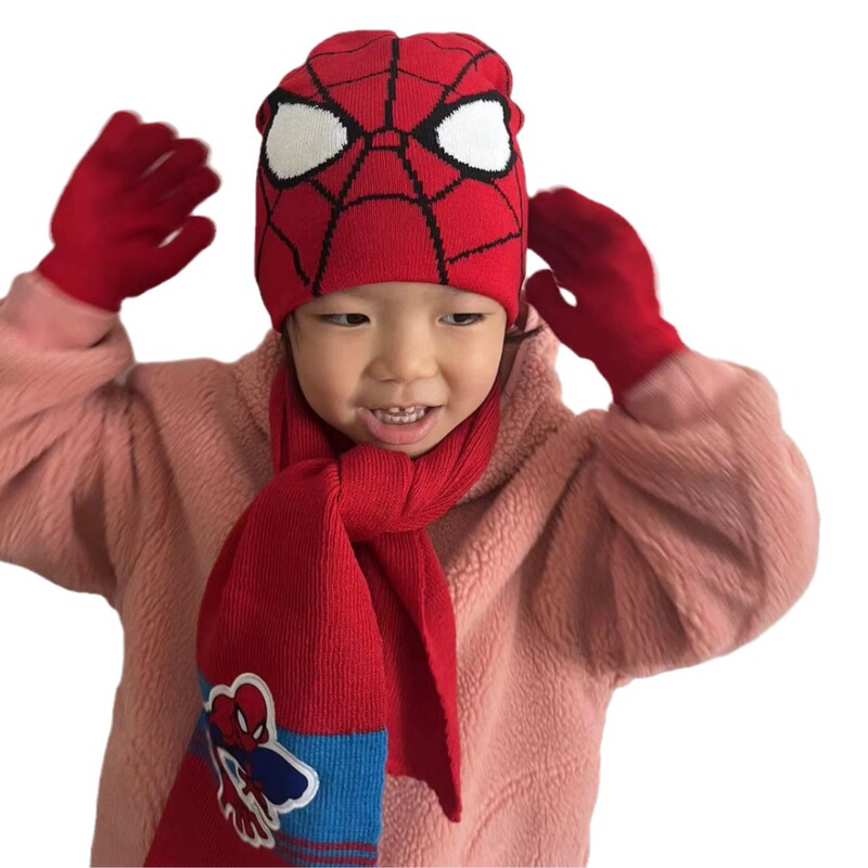 秋冬新型保温帽子手袋マフラー三点セットスパイダーマン漫画子供男の子女の子セット卸売り|undefined