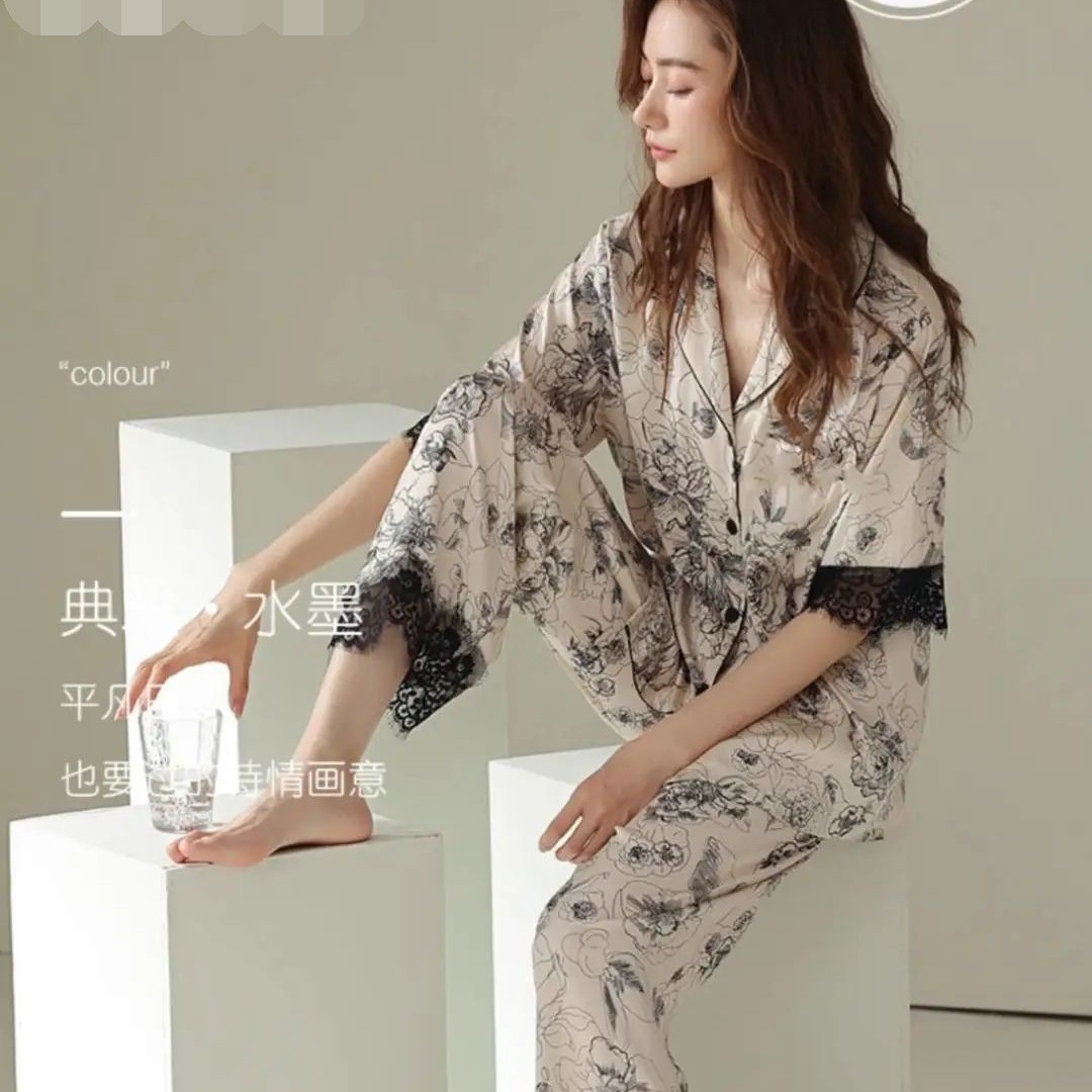 Rose Flower Pajamas Four-Piece Set 2025 New Ice Silk Ink Painting Style Comfortable and Loose Can Be Worn Outside Women's Home Clothes