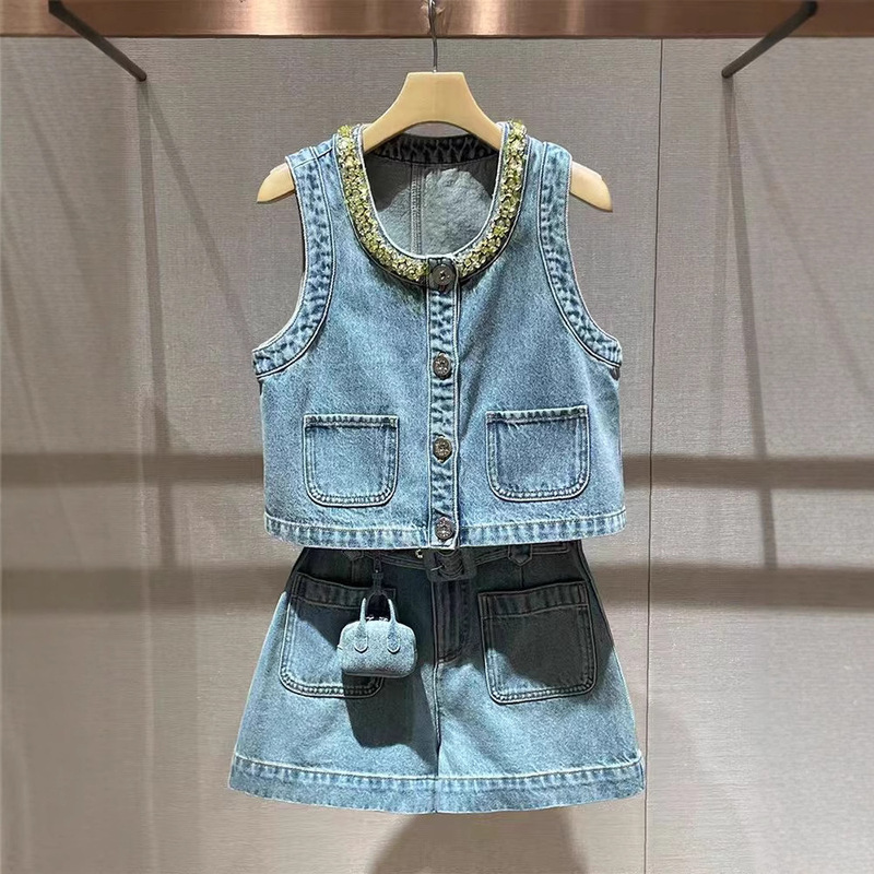 Ready-Made Denim Vest Fashion Suit Summer New High-End Diamond-Encrusted Round Neck Sleeveless Top Wide-Leg Shorts