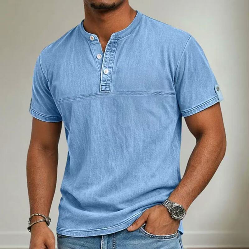 2026 American retro washed henley collar short-sleeve shirt for men, summer casual distressed stand-up collar buttoned half-sleeve top