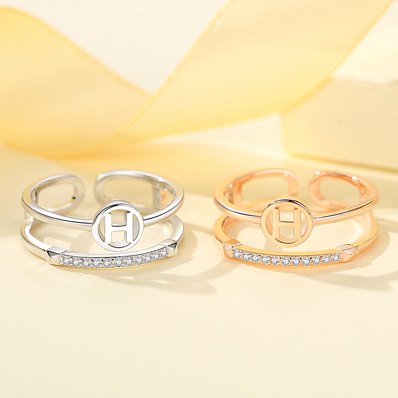 S925 plata esterlina anillo de doble capa hembra japonés y coreano letra H celebridad de Internet diamante incrustado anillo índice abierto anillo de cola de viento frío regalo