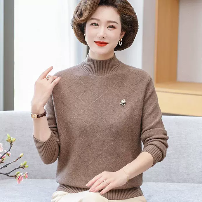 妈妈秋装上衣打底小衫洋气中年女长袖针织衫中老年秋冬保暖毛衣女