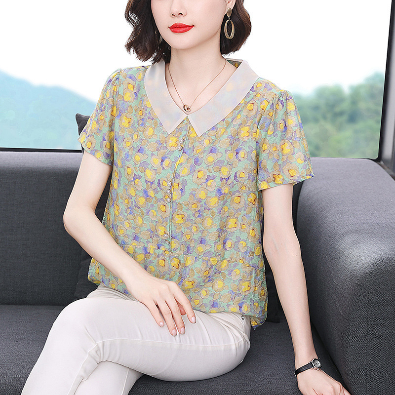Summer Doll Collar Short-sleeved Pullover Top Women's 2023 New Casual Large Size Elegant Mother's Chiffon Shirt