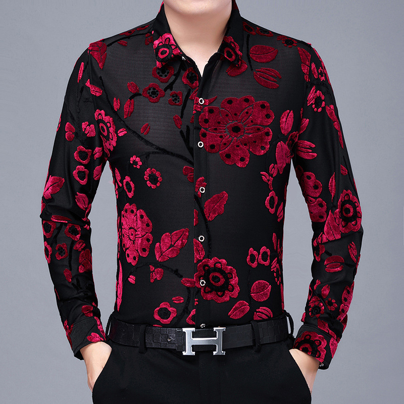 2026 Hollow-Out Long-Sleeve Shirt Men's Fashion European and American Style Trendy Jacquard Shirt Men's Thin Transparent Cardigan for Spring and Autumn