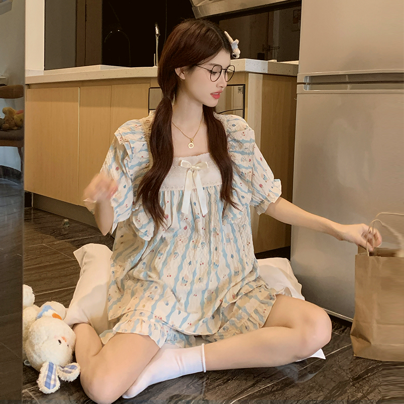 2025 新プリンセススタイル半袖パジャマ女性の夏のバブル綿大きいサイズ妊婦甘い薄いホーム服