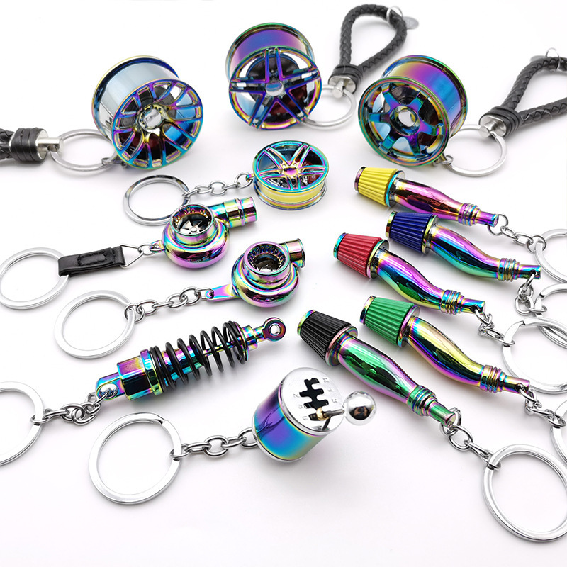 Colorful electroplating process car shift gear head nos wheel hub turbine shock absorber air filter model keychain