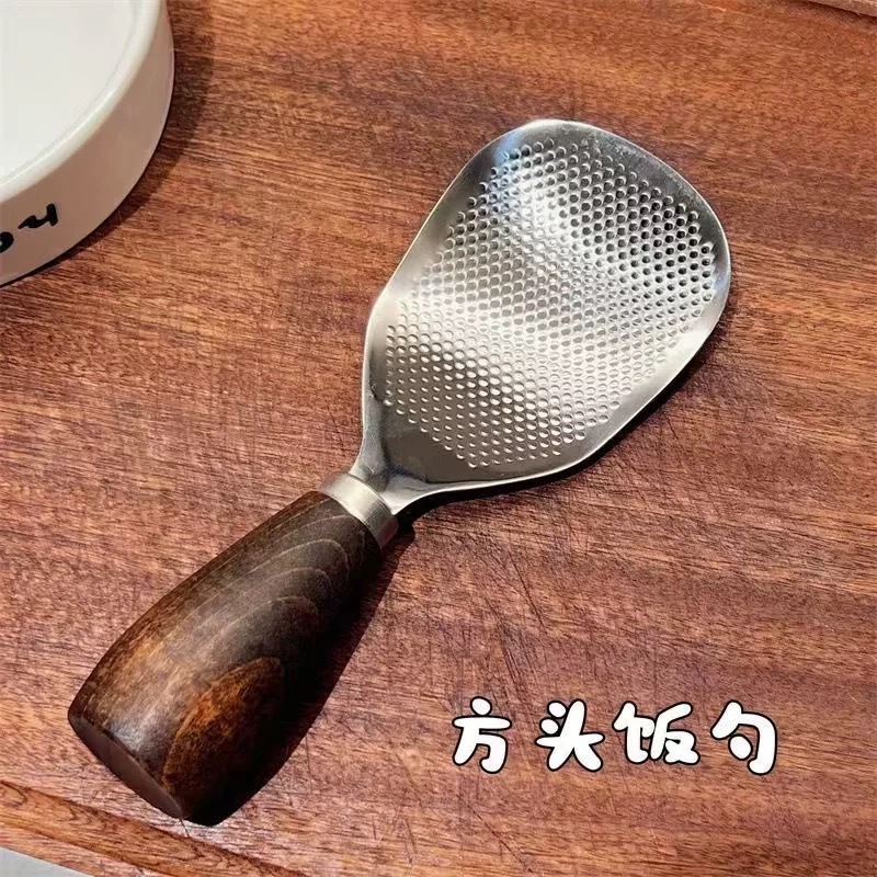 木柄304不锈钢饭勺 米饭铲子家用可立式木柄家用勺子盛饭不粘勺子|undefined