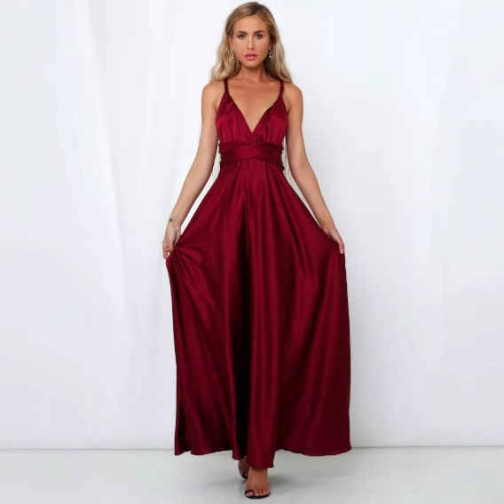 Europe and the United States cross-border wish Amazon eBay sexy V-neck high waist strap solid color non-sleeve long dress dress women Europe and the United States cross-border wish Amazon eBay sexy V-neck high waist strap solid color non-sleeve long dress dress women