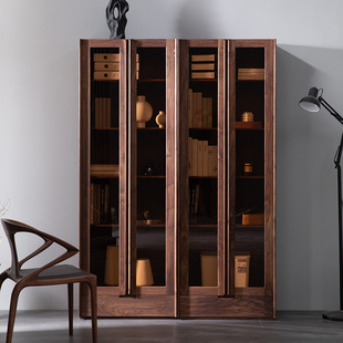 Storage Cabinet Black Walnut Bookshelf Living Room with Door Locker European Solid Wood Glass Door Bookcase Study
