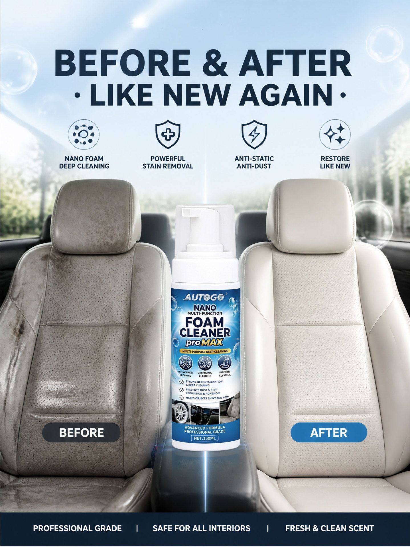 AUTOGO Multifunctional Foam Cleaner for car interior leather cleaning, stain removal, renovation, daily maintenance, and shine enhancement