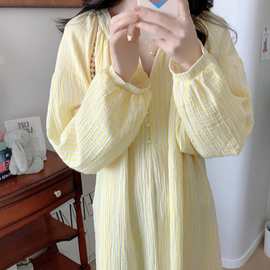 韩国ins女士春秋新韩版黄色条纹花边珍珠扣双层纱长袖睡裙家居服