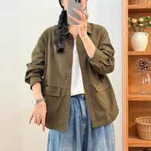 2025秋新款气质百搭短外套女 大码宽松休闲翻领纯棉开衫衬衣 2621