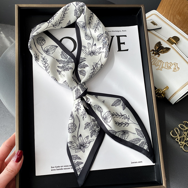 세련된 롱 실크 스카프, 우아한 분위기, 공장 직판, 머리끈, 노란색 꽃무늬, 새로운 스타일, 녹색 스카프