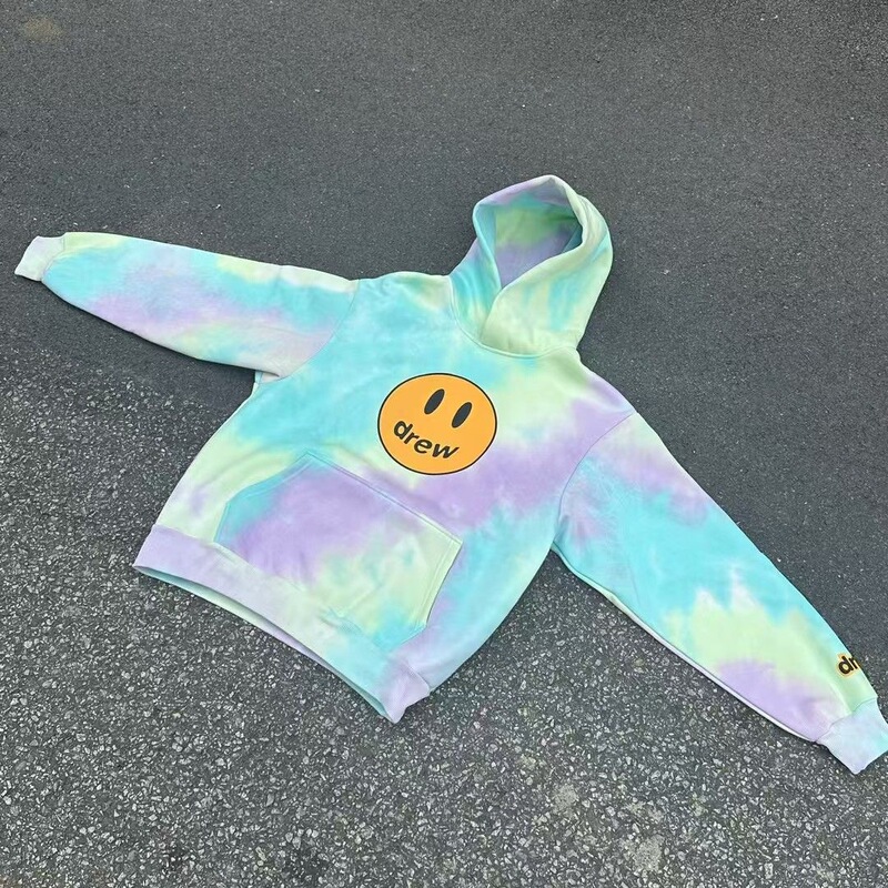 high quality DREW Bieber Tie-Dye Smiley Fashion Brand Hooded Sweater Loose Casual Cotton Hoodie for Men and Women Winter