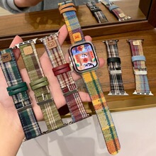 适用Applewatch苹果手表Ultra华为三星卡通毛呢格子纹皮质表带SE