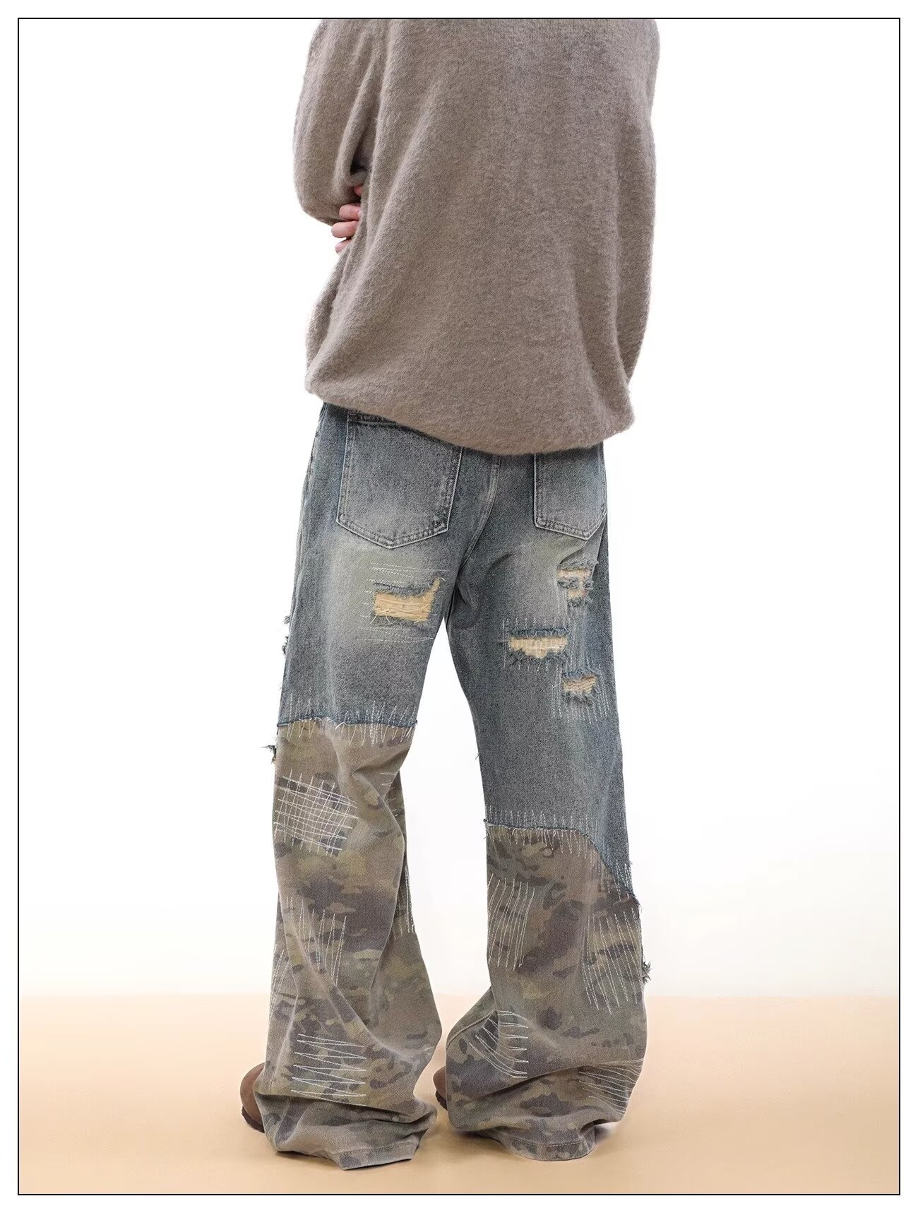 Jeans uomo vintage denim distressed patchwork camouflage blu_voghion.com