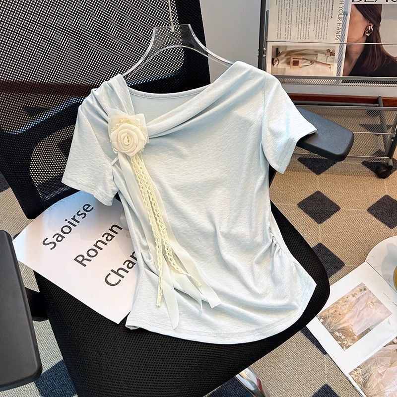 2025夏季新款立体花朵短袖t恤女设计感小众收腰褶皱修身辣妹上衣|undefined