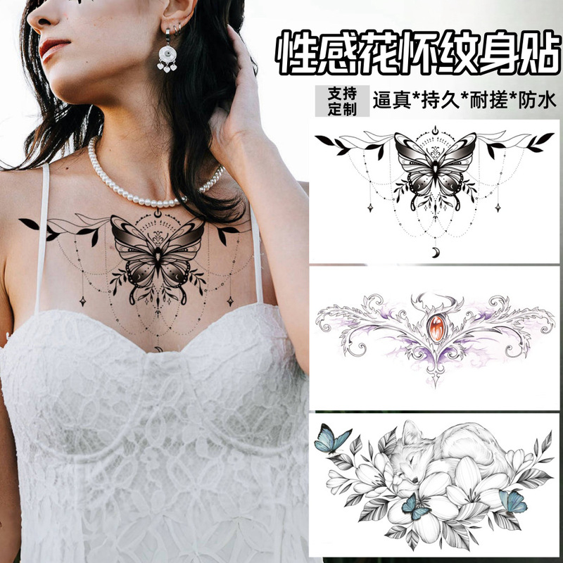 Cross-border Supply Wholesale Sexy Flower Huai Temporary Tattoo Sticker Waterproof Lasting Advanced Clavicle Body Decoration