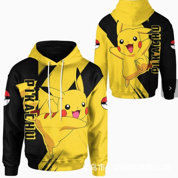 New Cross-Border Spring and Autumn Black and Yellow Color-Blocking Hooded Pikachu Print Poké Ball Pikachu Text Hoodie
