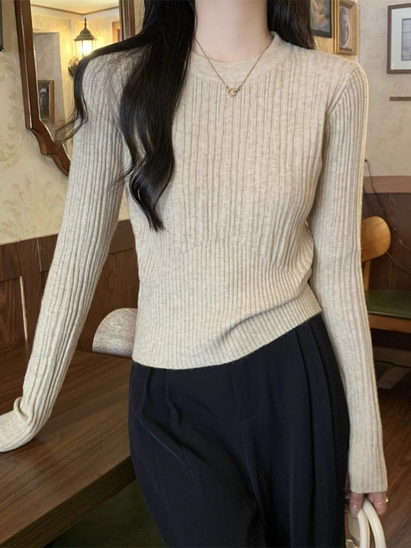 2025春秋冬季设计感坑条修身短款毛衣女内搭上衣安迪绒打底针织衫|undefined